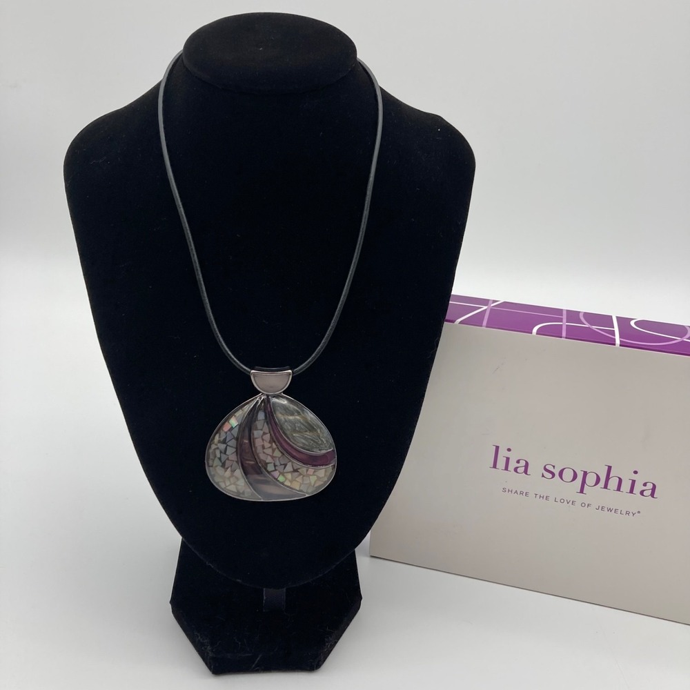 Retired Lia Sophia Seaside Abalone Shell Pendant Mosaic Necklace Black Cord NEW